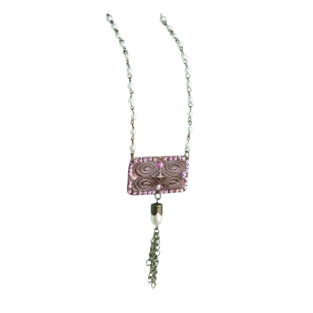 NEW PINK PANACHE women's pearl chain linked with aztec stamped pendant necklace